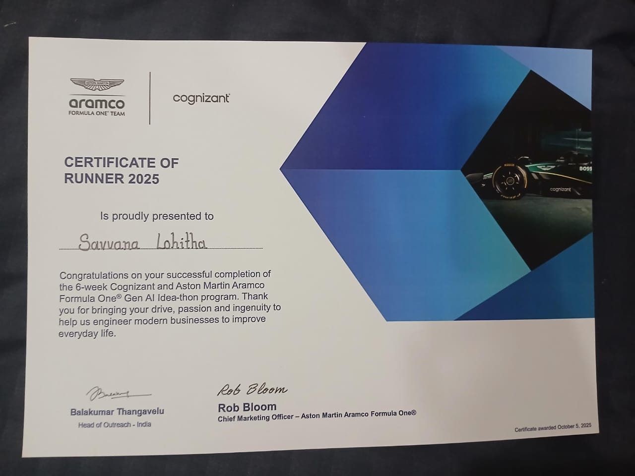 Cognizant F1 Ideathon Achievement